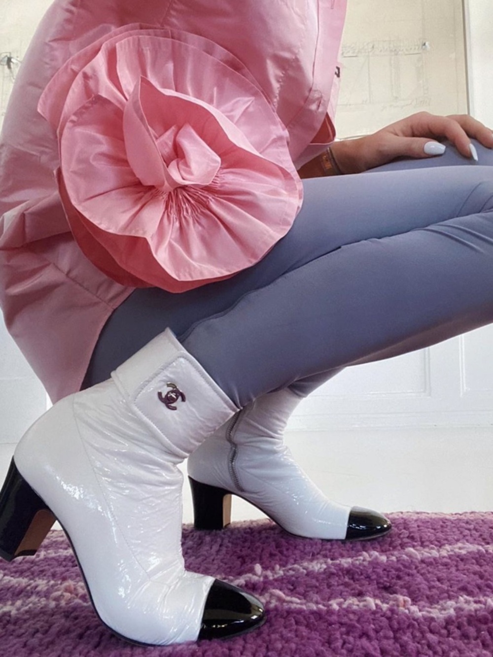 CHANEL CC Cap Toe Ankle Boots White Black Patent Leather 37 Classic Logo